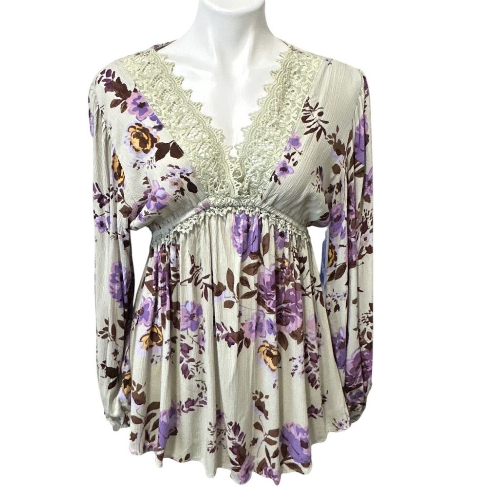 Romantic Gypsy Floral Babydoll Top Sage Purple Lace V-Neck Boho Women's Small